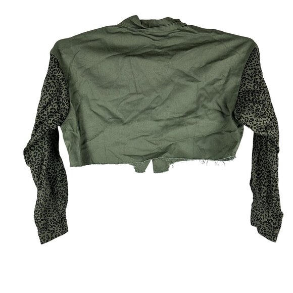 Simplee Womens Cropped Jacket With Leopard Print Sleeves Size M Green - Picture 7 of 9